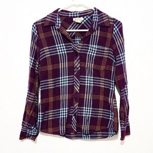 Lucky Brand Flannel Shirt Women's S Burgundy Blue 1 Pocket Roll Tab Long Sleeve